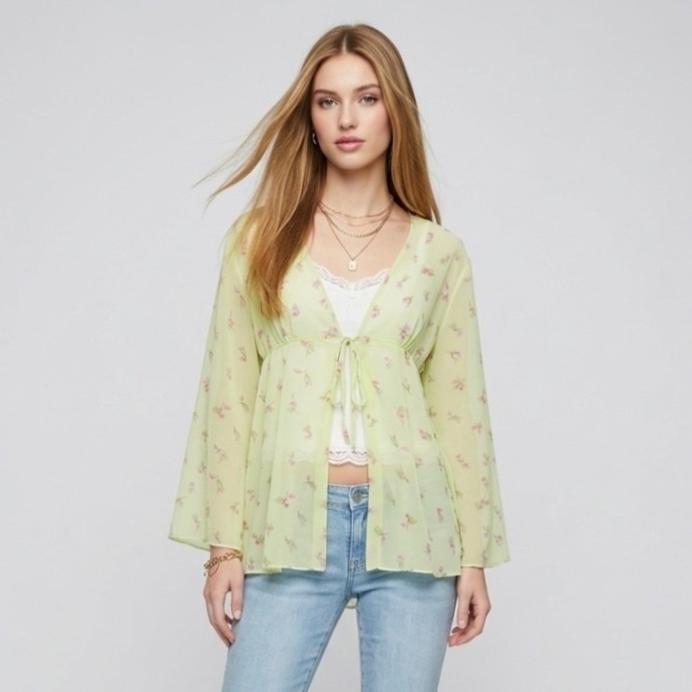 Vintage Y2K Inner Most Fairycore Top L Sheer Floral Tie Front Coquette Blouse
